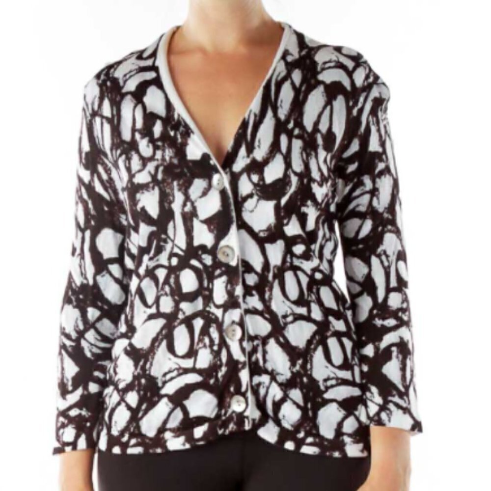 Jones New York Black White Print Knit Cardigan